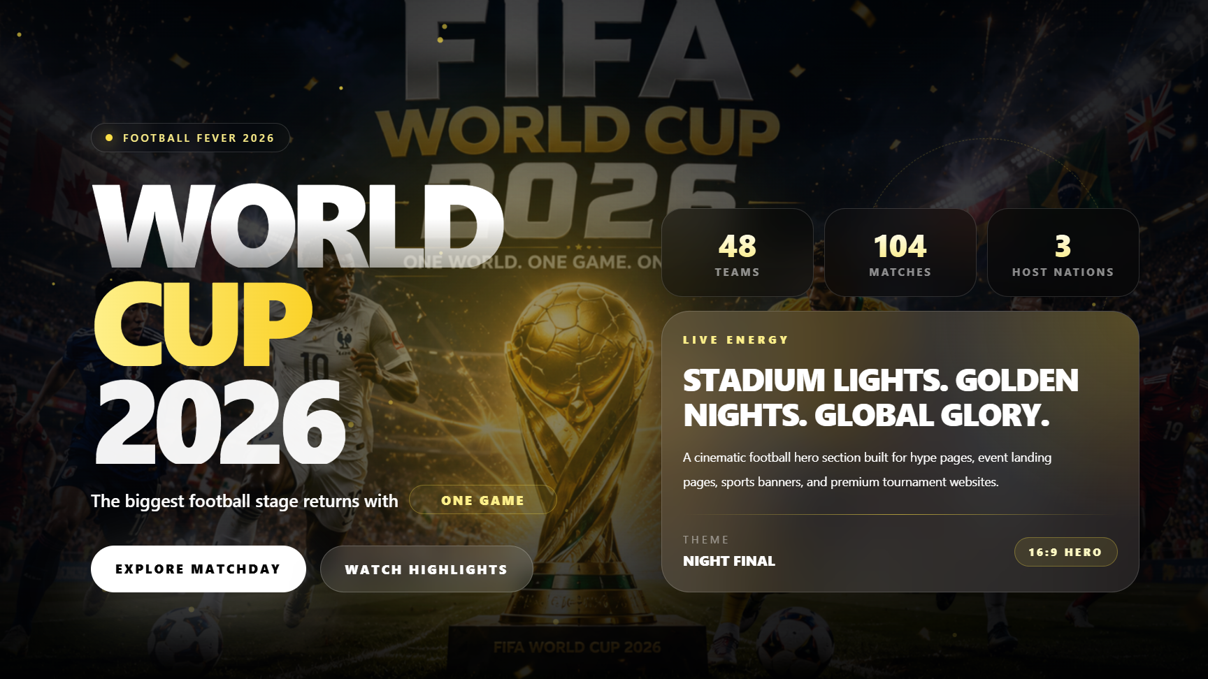 Premium Hero World Cup 2026 Hero React component built with Tailwind CSS